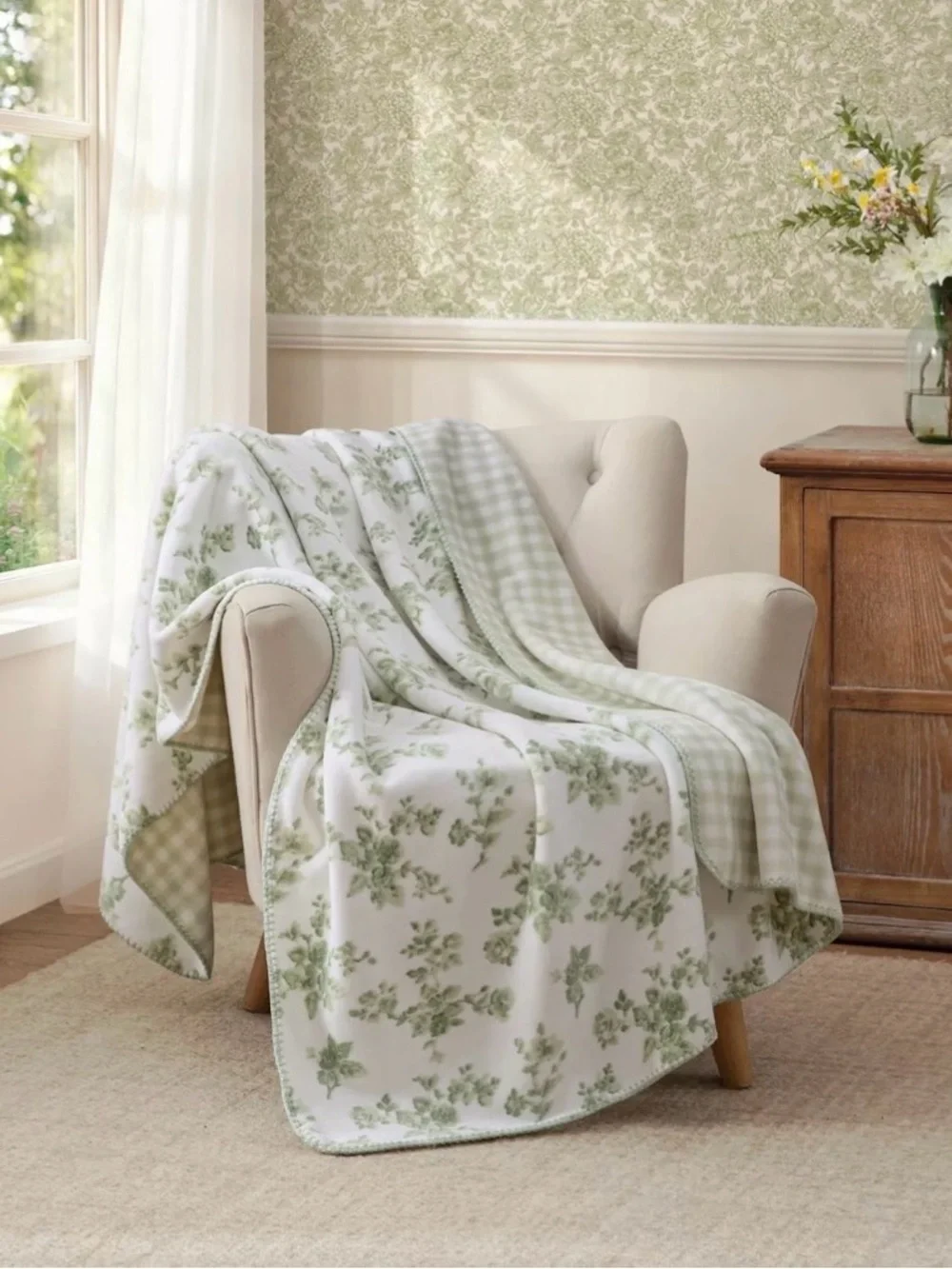 SAGE FLORAL GINGHAM Laura Ashley Reversible Throw Blanket ~ Cottage Shabby